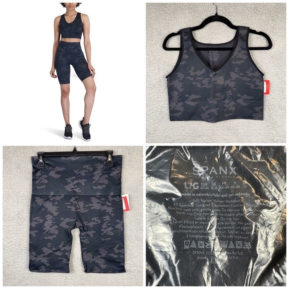SPANX Women's Crop Top and Biker Short Set Black Camo Large Lamn Active Seamless - Picture 1 of 9